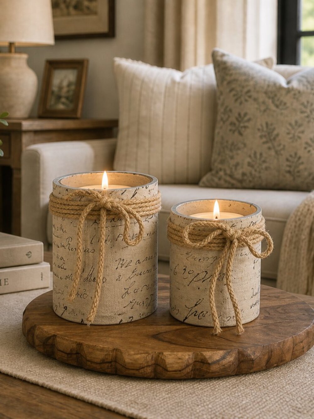 Set of 2 Linen Wrapped Postcard Themed Candle Holders